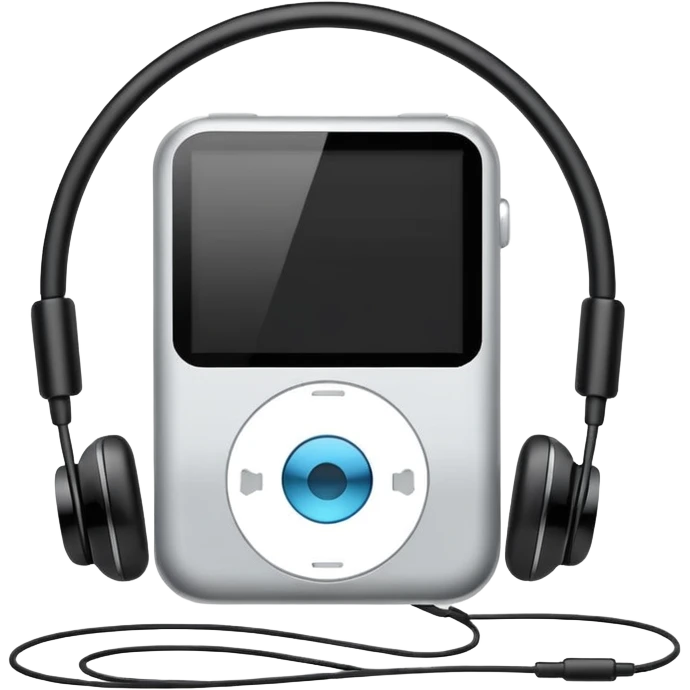 Futuristic iPod emoji with earphones, metallic black and white, smooth reflective surfaces, flat minimal vector design, clean UI style emoji