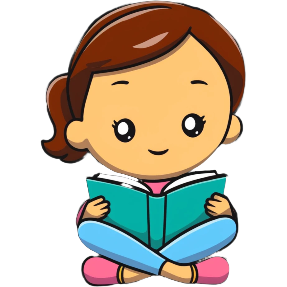 Young girl happily reading a colorful book emoji