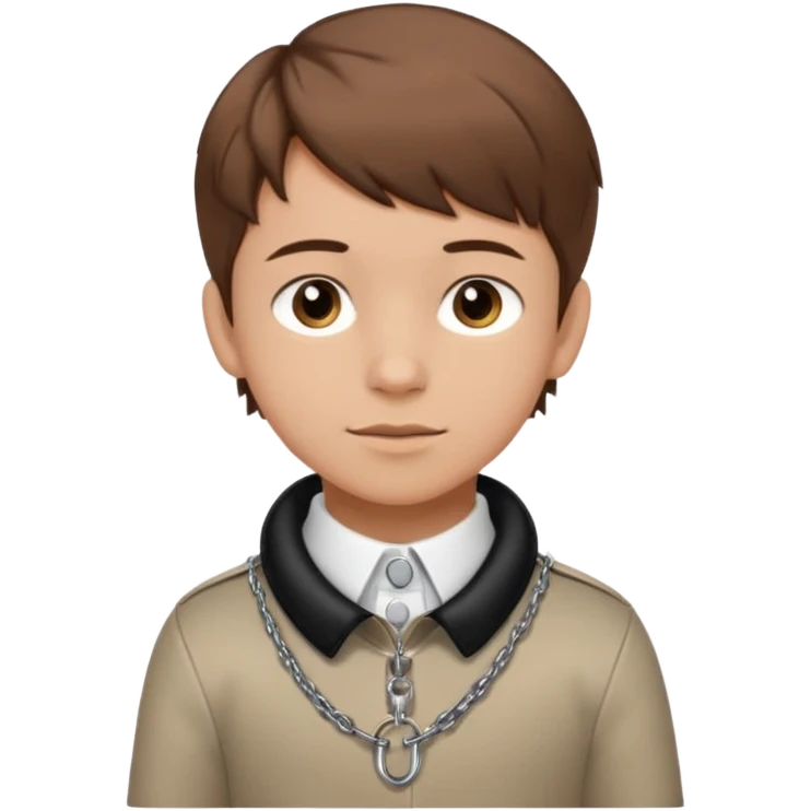 brown-haired boy, young, satisfied look, collar and leash around his neck, minimal bdsm clothing, emoji