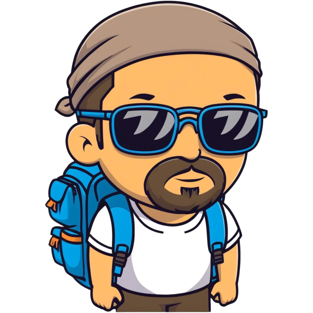 adventurer with goatee beard (no beard on cheeks), short hair, glasses, bandana on head and backpack emoji