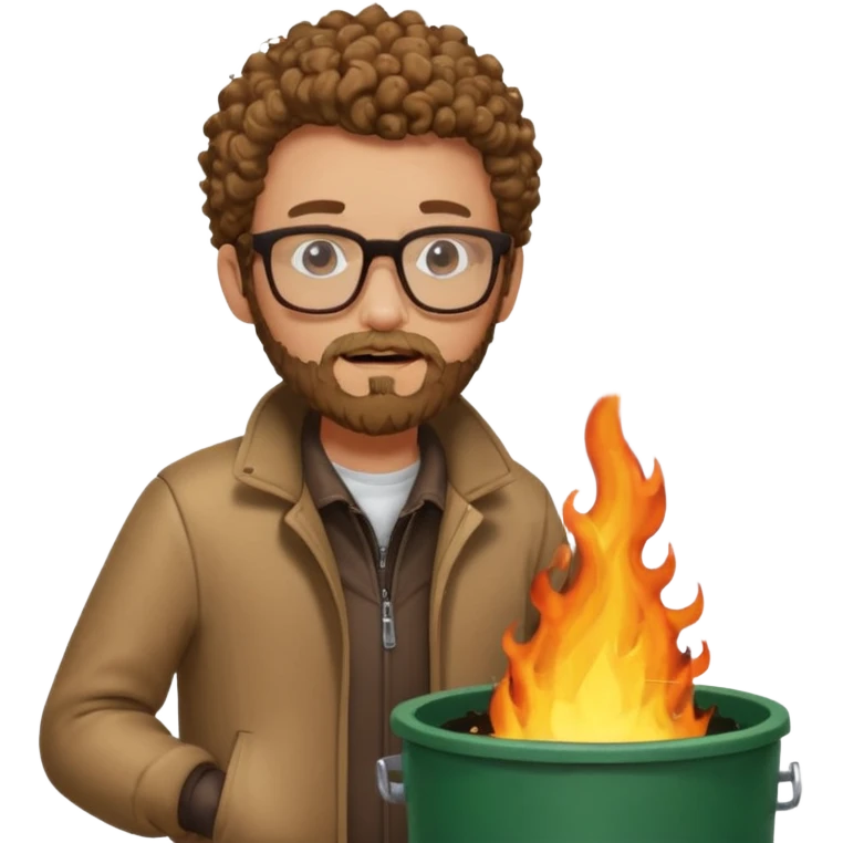 curly skinny guy with bear and glasses, heating in front of a trash bin on fire  emoji
