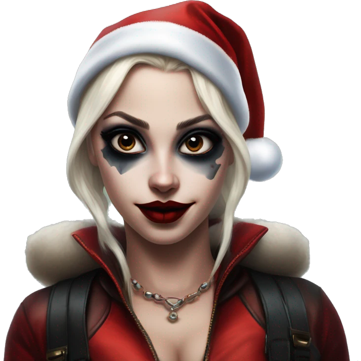 Santa Claus Jasmine in Harley Quinn style, oil paint, mysterious eyes, intricate lips, masterpiece portrait, odd perspective, beautiful, desirable, logical emoji