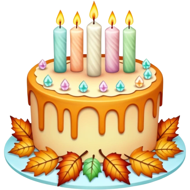 fall cake adorned with overflowing raw pastel crystals, leaves and candles emoji
