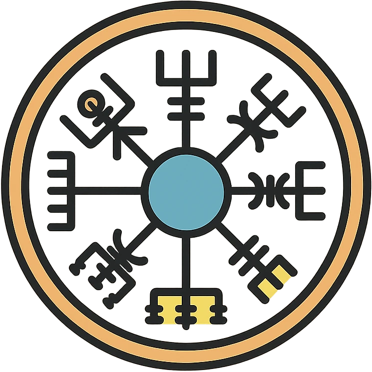 Vegvisir symbol, lineal color outlined icon, black outlines, subtle color accents emoji