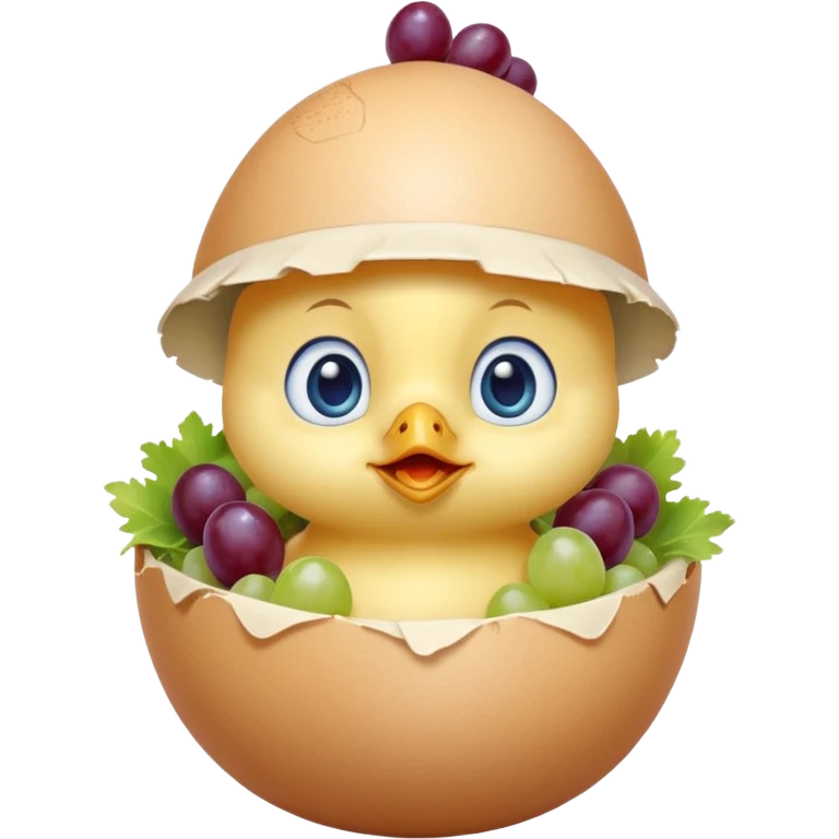 Ok, I want a super cute baby chick with big blue eyes in an egg with the top as a hat and inside of the egg is also chicken salad (the kind with grapes in it) emoji