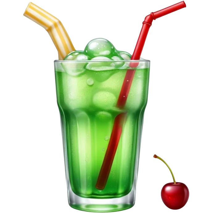 Create an emoji with a clear rounded glass, bright transparent green soda with fine bubbles, a smooth vanilla scoop, a glossy red cherry, using vibrant colors, soft shading, and clear glass highlights.
 emoji