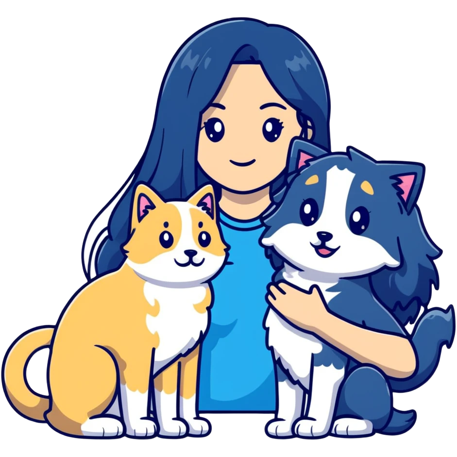 Woman with long black hair holding a blue and white long-haired cat and a golden retriever dog emoji