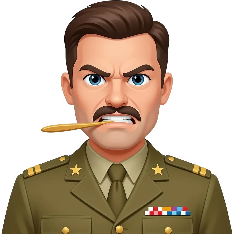man with toothbrush-style mustache that looks angry, and he has khaki military uniform on with stars emoji