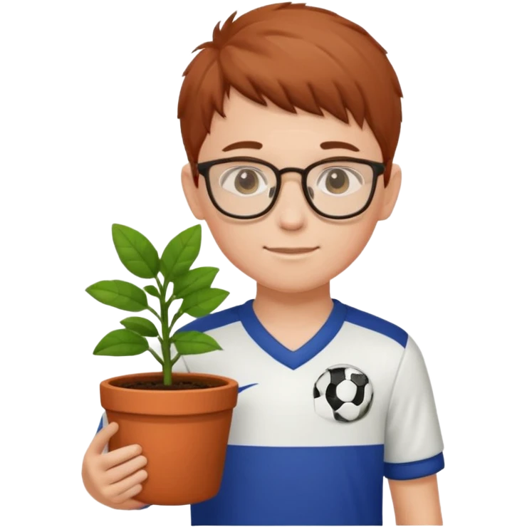 young boy wearing glasses, wearing soccer uniform, holding a plant pot emoji