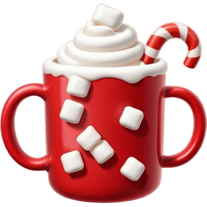 hot chocolete with marshmallows in red christmas mug and candy cane emoji