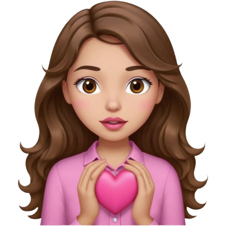 girl with long wavy brown hair, brown eyes, light to medium complexion, in a pink shirt, pink lips, long lashes, sexy , puckering, blushing, kissing a heart sexy emoji