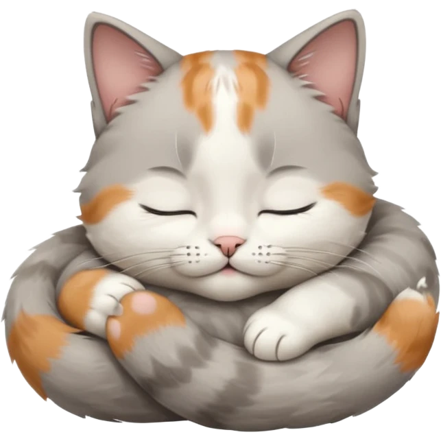 grey and white small cat with its eyes closed lying down with its paw curled and holding up his head emoji