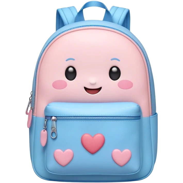Cute Kawaii Backpack, round and chubby, soft pastel pink and blue, tiny heart-shaped zippers, blushing cheeks, a tiny smiling face, a happy school-time companion! emoji