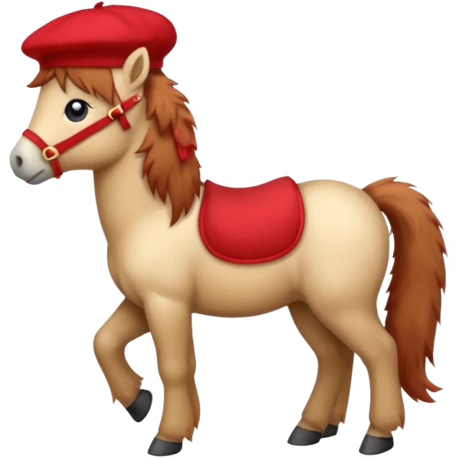 A cute pony (horse) emoji, full body, standing in side view, wearing a stylish red beret. emoji
