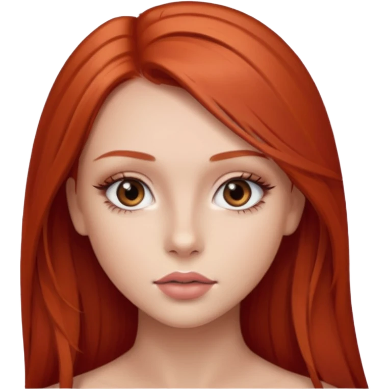 una chica de 18 años con los labios con pintalabios nude y los ojos maquillados, de piel blanca con el pelo liso, largo y pelirrojo, ojos marrones emoji