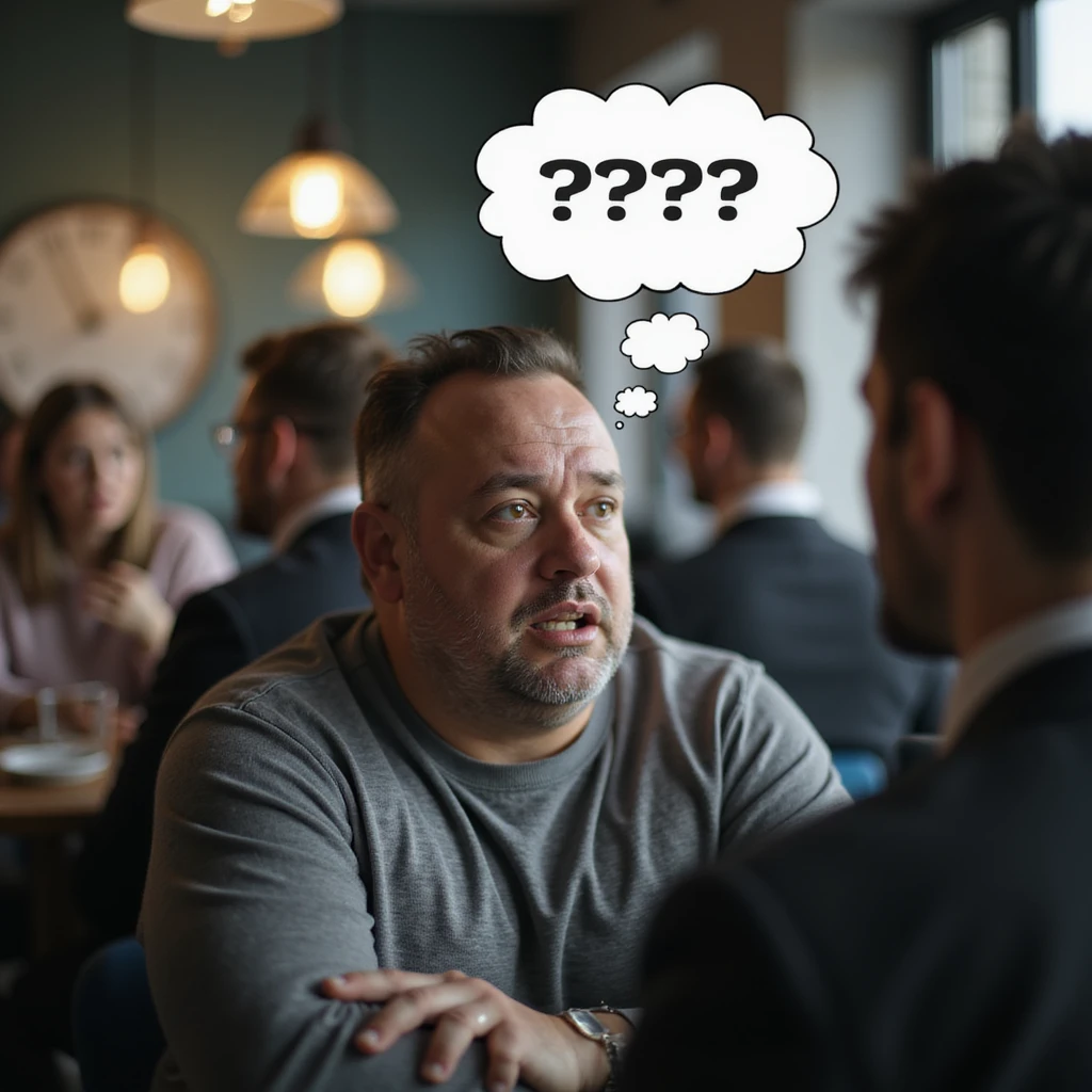 Obese man freezing during a conversation, thought bubble above head full of question marks, confused expression, social environment, hyperrealistic 4K details. emoji