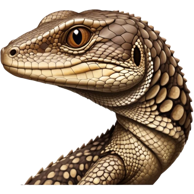 Cinematic Noble brown camo spotted monitor Lizard Portrait Emoji, Poised and regal, with a robust, scaled body exhibiting striking, mottled patterns and piercing, alert eyes, Simplified yet sharp and sophisticated features, highly detailed, glowing with a soft, earthy glow, high shine, intelligent and formidable, stylized with an air of ancient wilderness, focused and commanding, soft glowing outline, capturing the essence of a watchful and confident reptilian guardian that appears ready to stride out of the screen with effortless authority! emoji