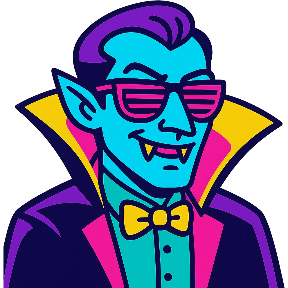 cool Dracula, neon colors, retro 80s vibe, playful expression emoji