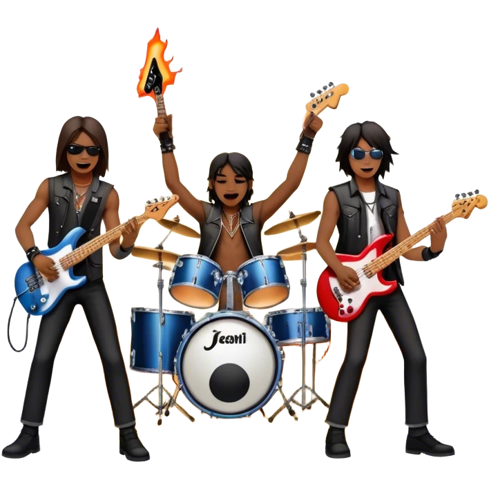 Icon for Metal Music: metal band on stage with musicians playing electric guitars, bass, and drums. The atmosphere is intense, with flashing lights, smoke, and energetic stage presence. The vibe is powerful and electric. Transparent background. emoji
