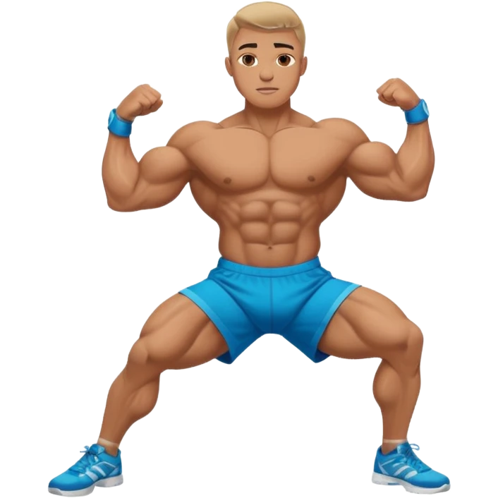 A bodybuilder doing a side lunge and flexing his biceps his kneels more down emoji