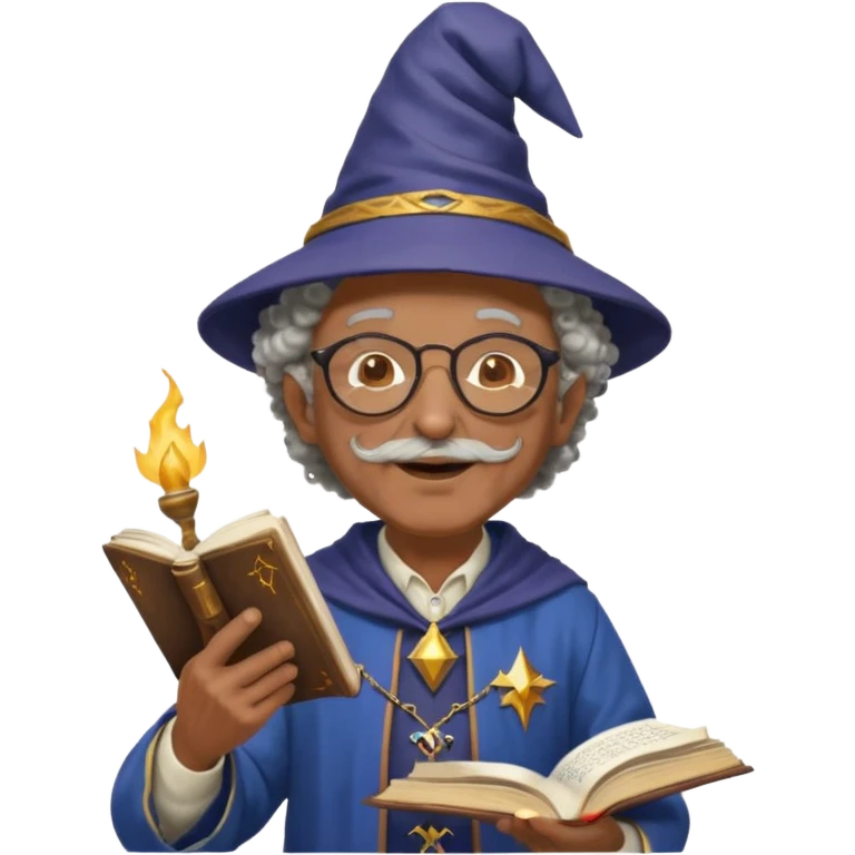A Joyful Elderly Male with Brown skin and Curly hair, wearing a Traditional outfit, a Wizard hat, Sunglasses, carrying a Spellbook, working as a farmer, while drinking Coffee and reading a Textbook. emoji