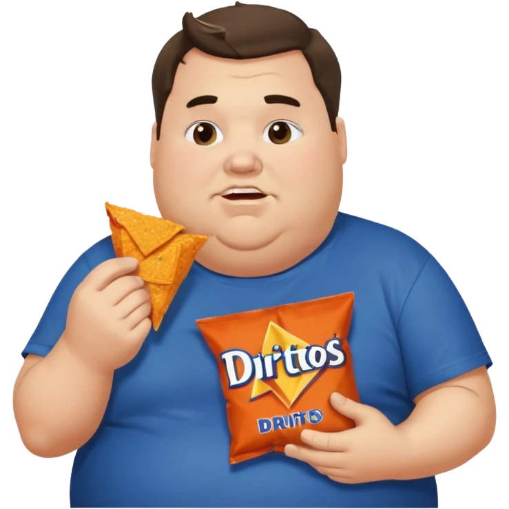 Fat man with greasy hair side part discord t shirt eating doritos emoji