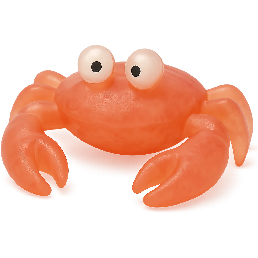 Make the crab a natural color (e.g., red or orange), more transparent and see-through, retro 90's toy style, derpy eyes, no tag, no background, soft plastic, soft reflections, soft and squishy, some cloudiness, not shiny, highly detailed, appealing. emoji