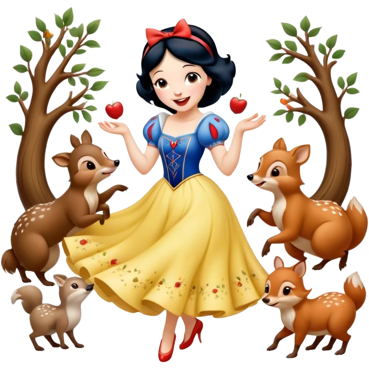 Cinematic Playful Snow White Portrait Emoji, Laughing while dancing with woodland animals, dress twirling gracefully, a whimsical sparkle in her eye, radiating charm and pure delight! emoji