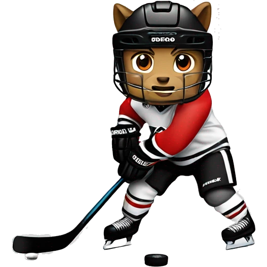 A wolf hockey player in a white red and black uniform holds a puck emoji
