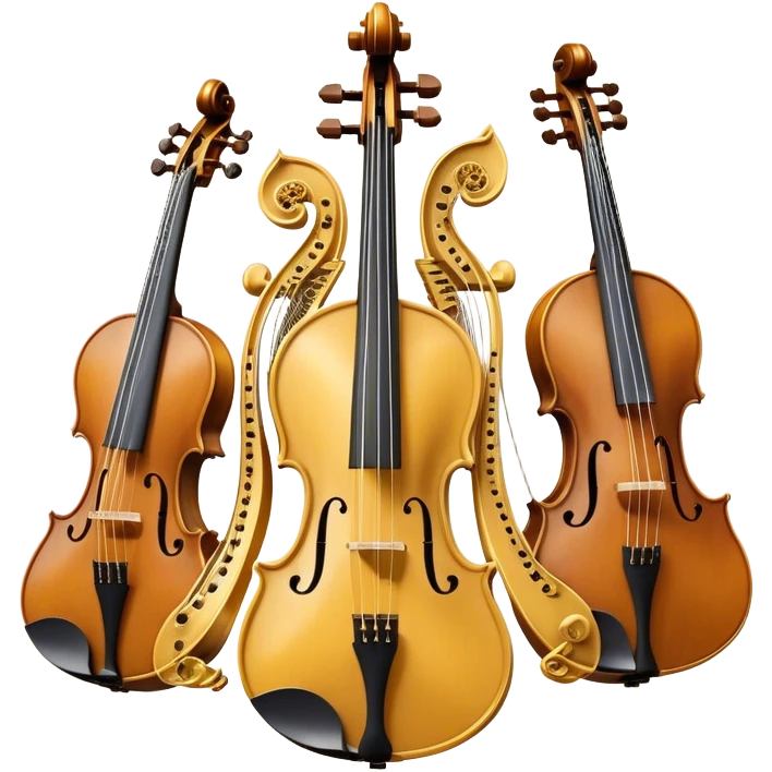 Create a sophisticated, festive, and professional emoji collage resembling a coat of arms, symbolizing string instruments. The design should feature several string instruments, such as a violin, cello, guitar, and harp, arranged in an elegant, balanced composition. Each instrument's neck (fingerboard) should intertwine with flowing musical notes, forming a ribbon-like structure that weaves through the instruments. The strings of the instruments should be emphasized, creating a dynamic and elegant effect. Use rich gold and silver accents to highlight the professional quality of the instruments, with deep wooden tones for the body of each instrument. Surround the instruments with a subtle border, resembling a heraldic crest, and add small decorative elements like laurel leaves or subtle flourishes. The background should be transparent to keep the design clean and polished. emoji