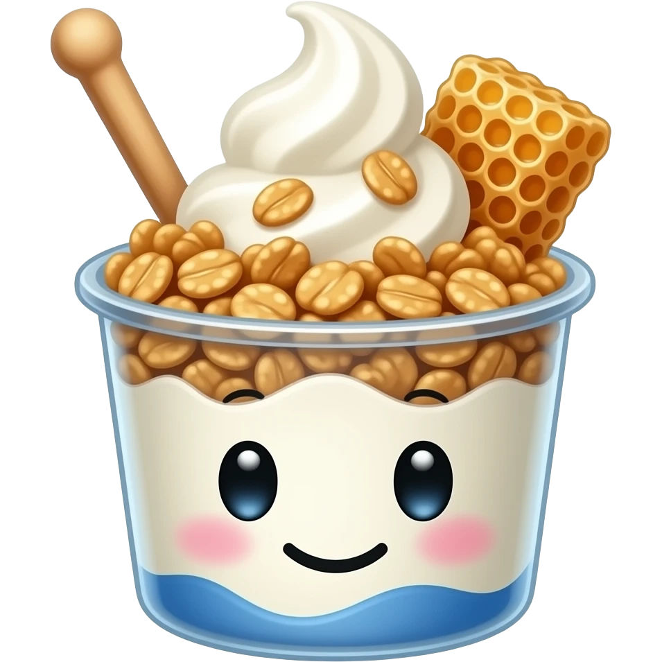 kawaii greek yogurt bowl emoji, soft serve yogurt swirl with granola and honeycomb on top, dessert cup, simple cute icon style emoji