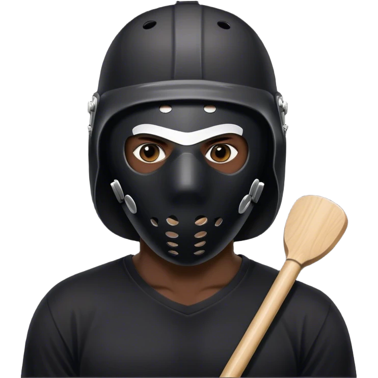 dark skinned black man standing in front of tent wearing a black t shirt with a white jason hockey mask emoji