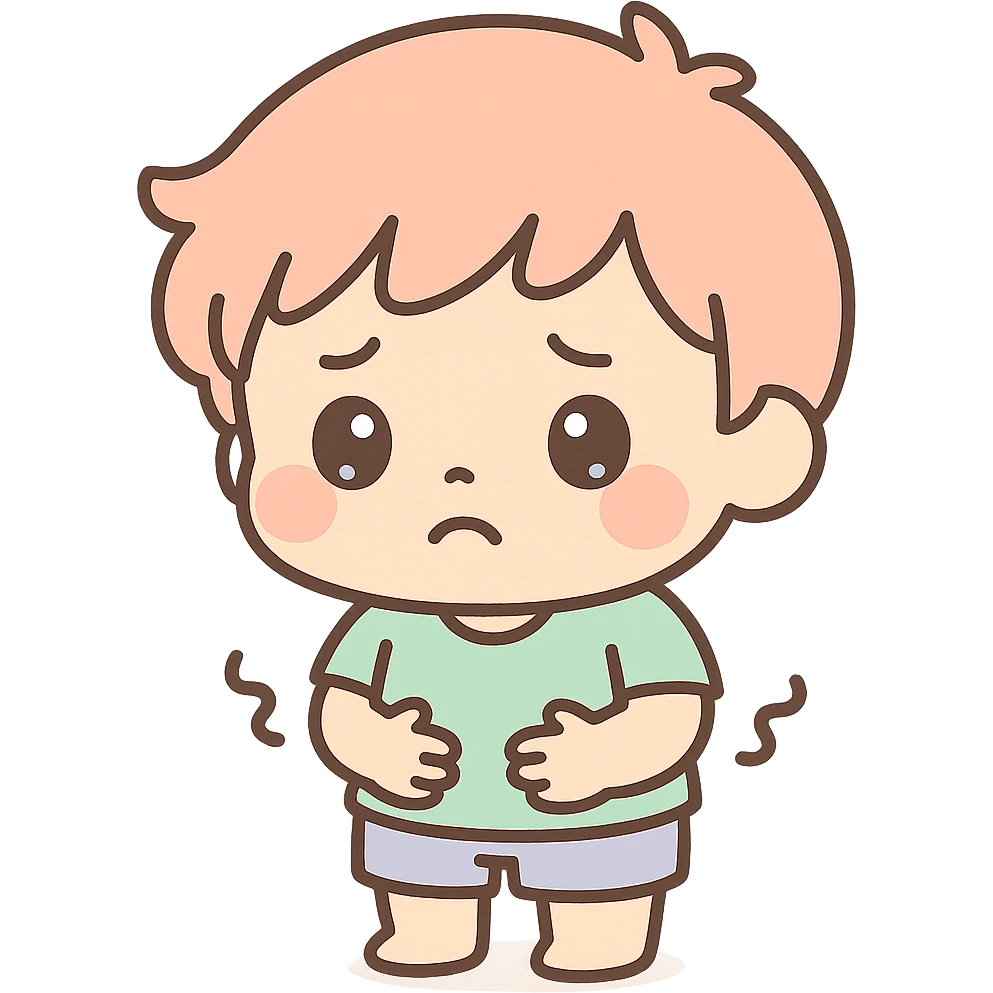 hungry little boy, kawaii chibi anime style, flat pastel colors, thick outlines, simple cute features, holding his belly, uncomfortable face emoji