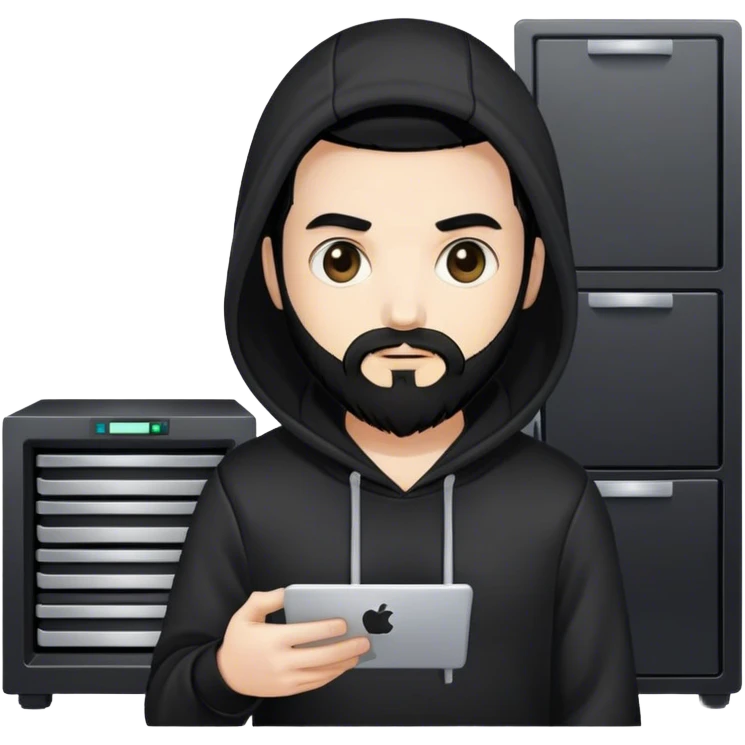hackeur blanc cheveux noir barbe et capuche noir à côté d'un server emoji