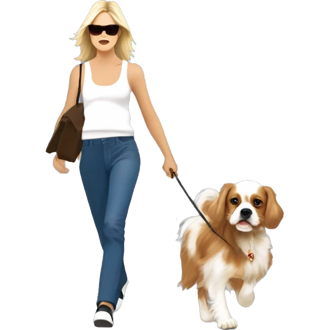 Young sharon stone in basic instinct walking with cavalier King Charles spaniel  emoji
