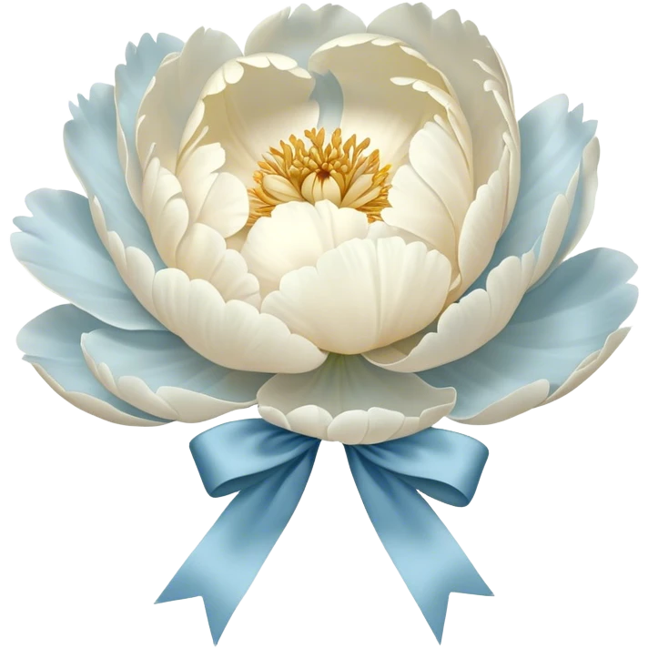 A single oversized peony in the softest shade of ivory sits in the center of a pearl-white canvas, its velvety petals unfolding like a quiet whisper. Wrapped around its stem is a wide, silk bow in a misty blue hue, its fabric pooling slightly onto the surface. The background’s subtle texture reflects light in a way that enhances the depth of the petals, creating an ethereal, almost weightless atmosphere. emoji