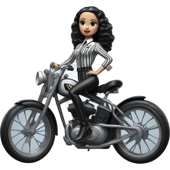 Jeffery New York Lingerie Barbie white Wednesday Addams from academy in vertically-striped gray and black officer’s uniform. Leaning back, riding a wheelie on a hot rod bike emoji