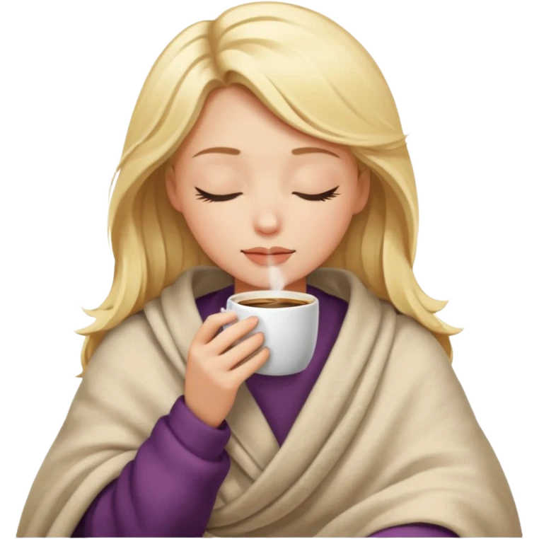 blonde girl inside a blanket sipping coffee eyes closed emoji