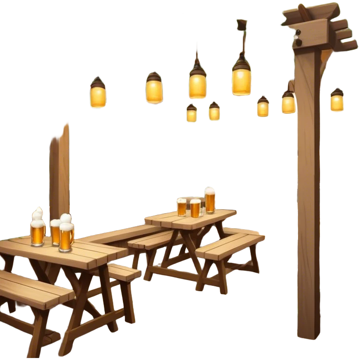 Cinematic Realistic Biergarten Pop Culture Emoji, showcasing a charming outdoor beer garden scene rendered with rustic details and inviting, soft lighting. emoji
