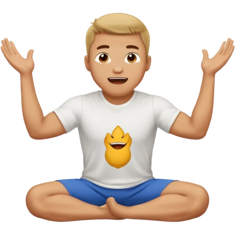 Make a normal wieght guy facing forward squatting with a t-shirt on and his hands up and his mouth open emoji