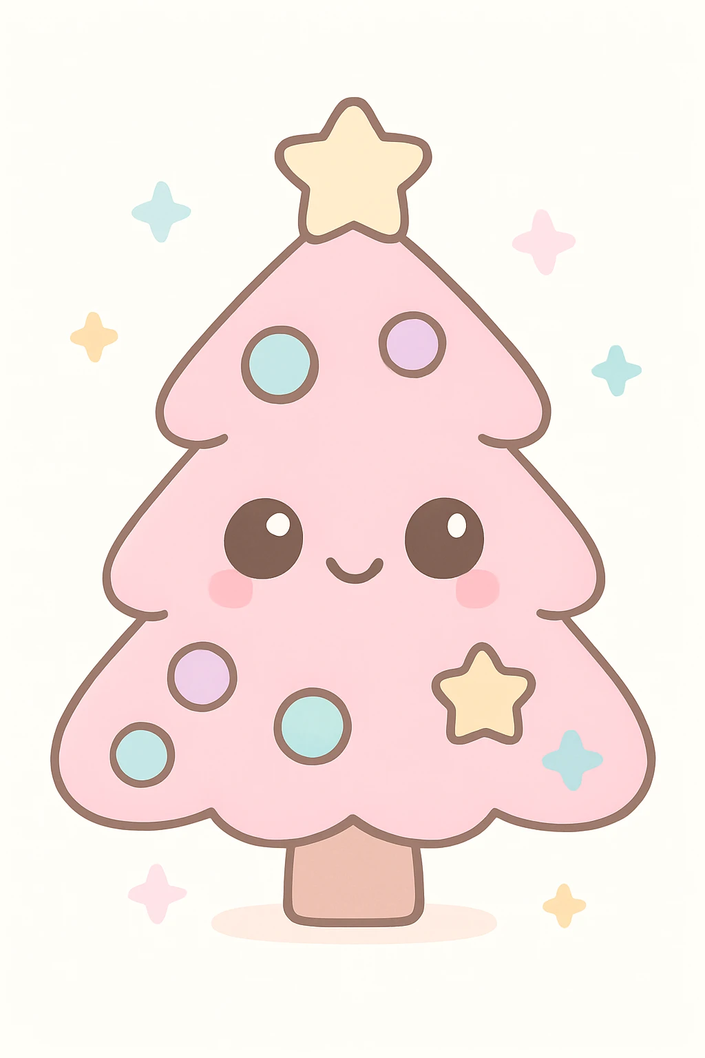 cute pink Christmas tree with ornaments, kawaii style emoji
