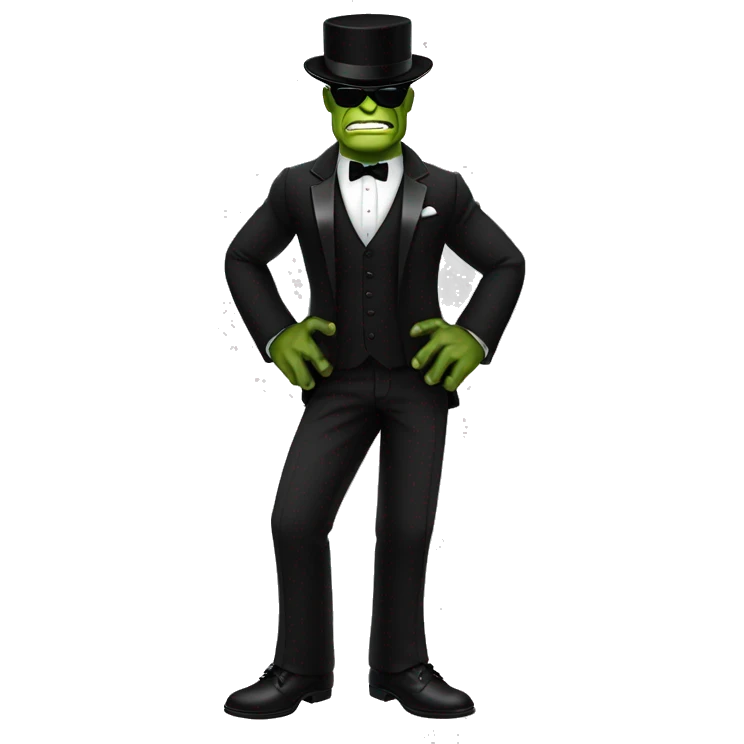 The hulk in a tuxedo black shoes black pants top hat and sunglasses emoji