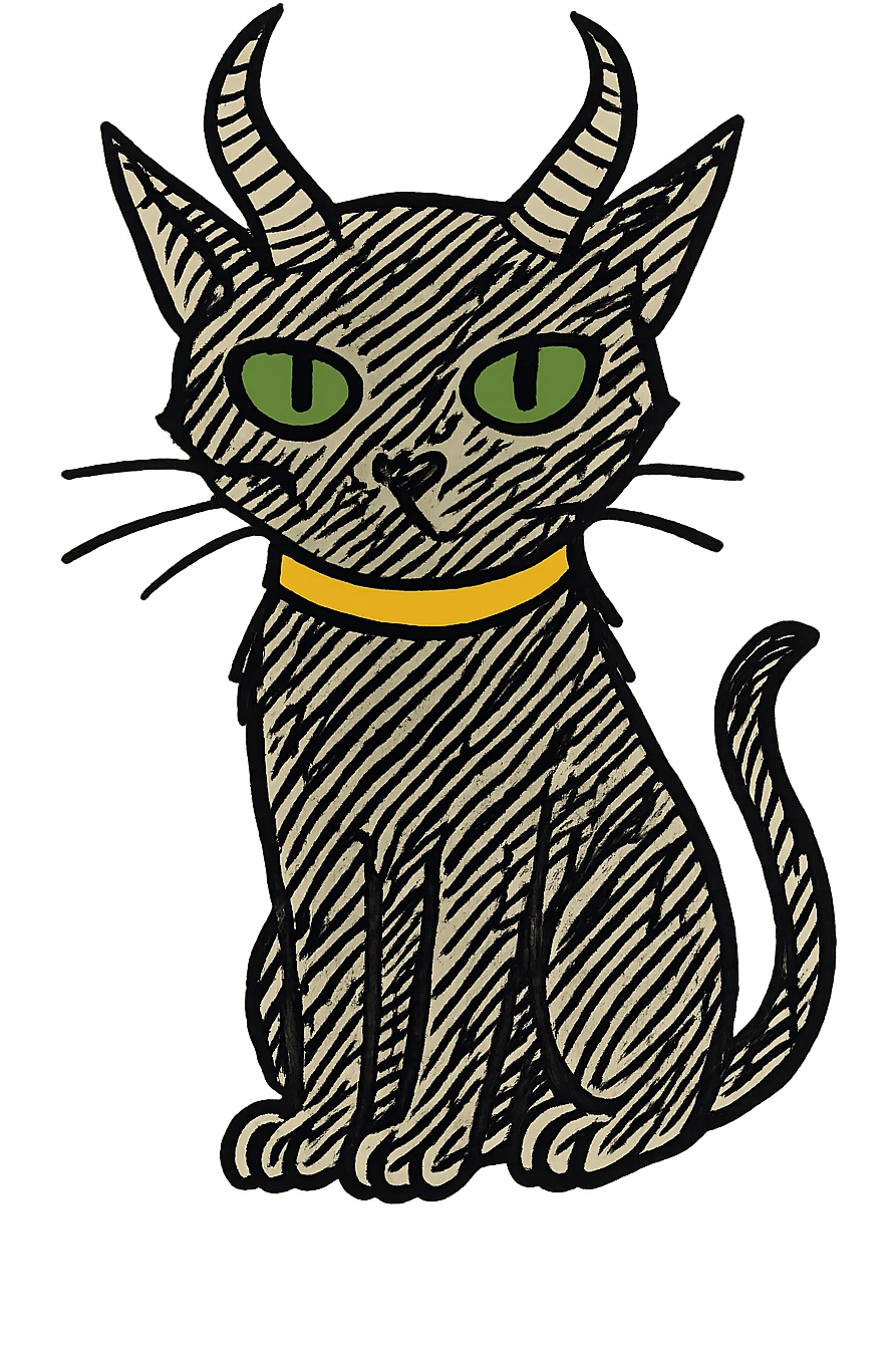 Add a yellow collar to the black cat with green eyes and demon horns, keeping the hand-drawn sketch style of the original image. emoji