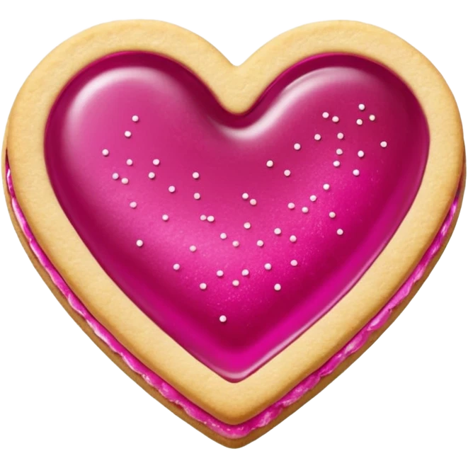 Realistic shortbread cookie in the shape of a heart with Fuchsia color jelly middle filling and sprinkled powder sugar on top. emoji