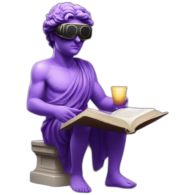 an EMOJI OF A ancient young greek statue reading a book, wearing VR glasses, purple colors, DIGITAL UNIVERSE emoji
