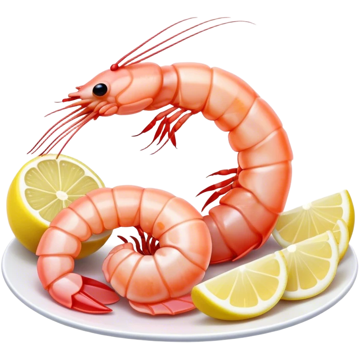 Cinematic glistening shrimp, pink and juicy, slightly curled with a light char, served with lemon wedges, ultra-detailed and fresh, warm glowing background. emoji