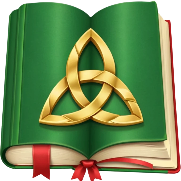 a green closed book with a golden triquetra on it with a red ribbon between the paged emoji