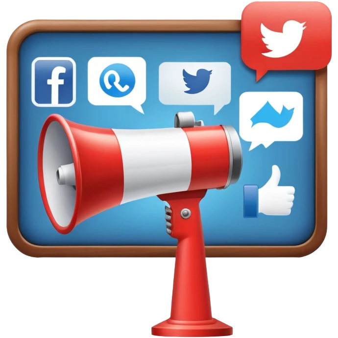 An icon featuring a megaphone, a billboard, and social media icons, symbolizing advertising and public relations. The design includes a press release and a rising graph, representing brand promotion and communication strategies. Transparent background highlights media influence and outreach. emoji