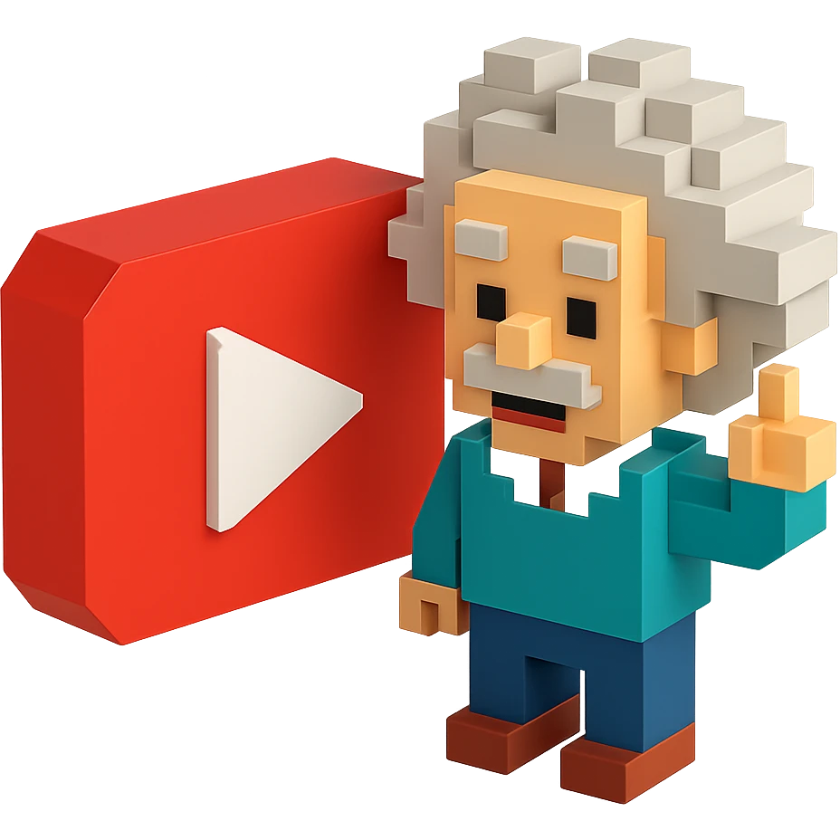 voxel style Albert Einstein with a large YouTube play button in the background, isometric view emoji