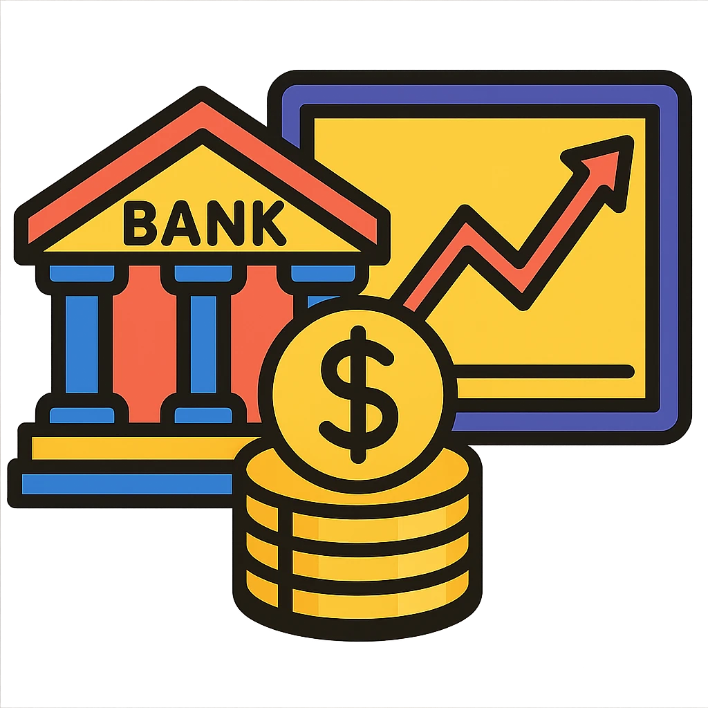 Add a cartoon bank building to the economy icon, keep the style consistent with lineal color icon with black outlines and transparent background. emoji